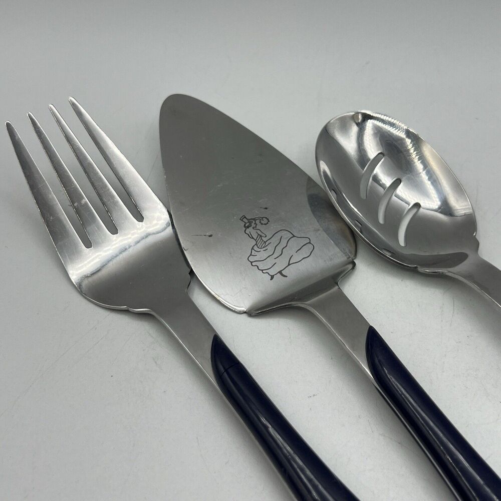 3 Pc Vtg Fiesta Swirl Serving Utensil Set Blue Pie Server Slotted Spoon Fork